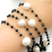 Black Spinel & Pearl Oxidized 925 Sterling Silver Chain